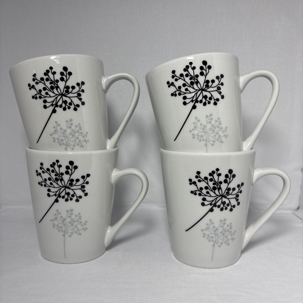 Gibson Home Dandelion Coffee Mugs Set of 4 White Ceramic Floral Tea Cups Black